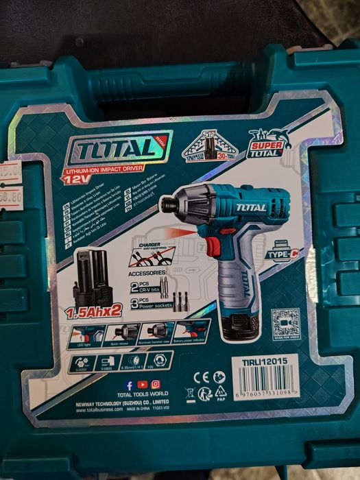 Акумулаторен ударен винтоверт TOTAL, 12 V, USB-C, 100 Nm, 2 x 1.5