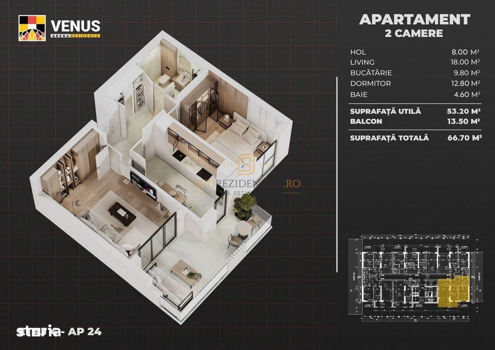 Apartament decomandat - 2 camere, Venus Arena Residence, acces metrou