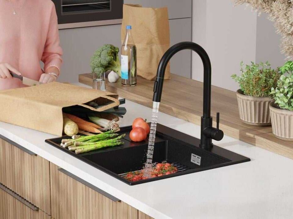 Черна гранитна кухненска мивка Сидни 620-45 Ergo Multilevel 620х500