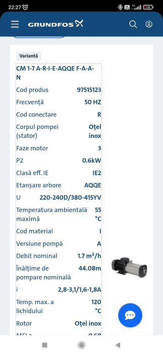 Pompa apa centrifuga orizontala  Grundfosss 0.65 kW