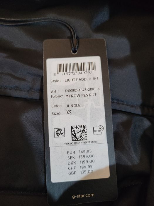 Geacă G-Star Raw Light Padded, verde Jungle, XS, nouă cu etichetă