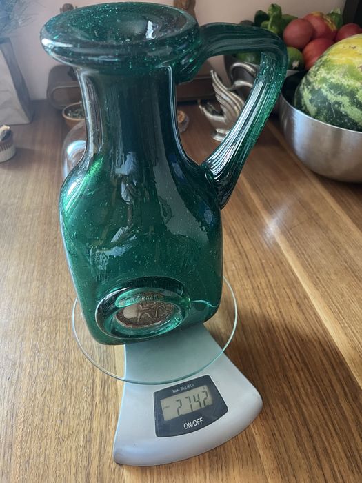 Стъклена кана ваза с бронзов медал духано занаятчийско стъкло Мурано