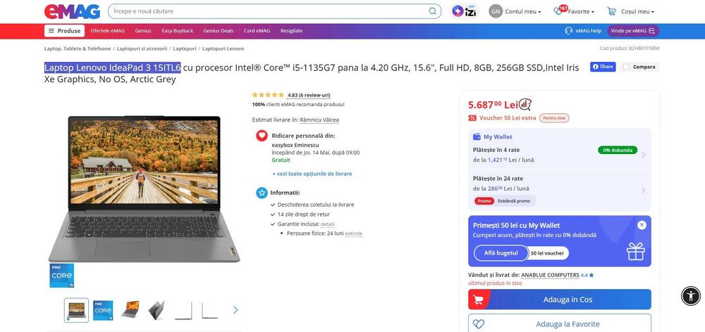 Laptop Lenovo IdeaPad 3 15ITL6 / Intel® Core™ i5 / 15.6"/Full HD / 8GB RAM /256GB SSD / Arctic Grey
