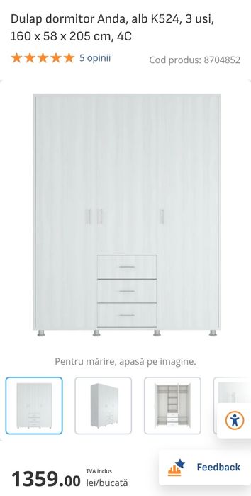 Dulap dormitor Anda, alb K524, 3 usi, 160 x 58 x 205 cm, 4C