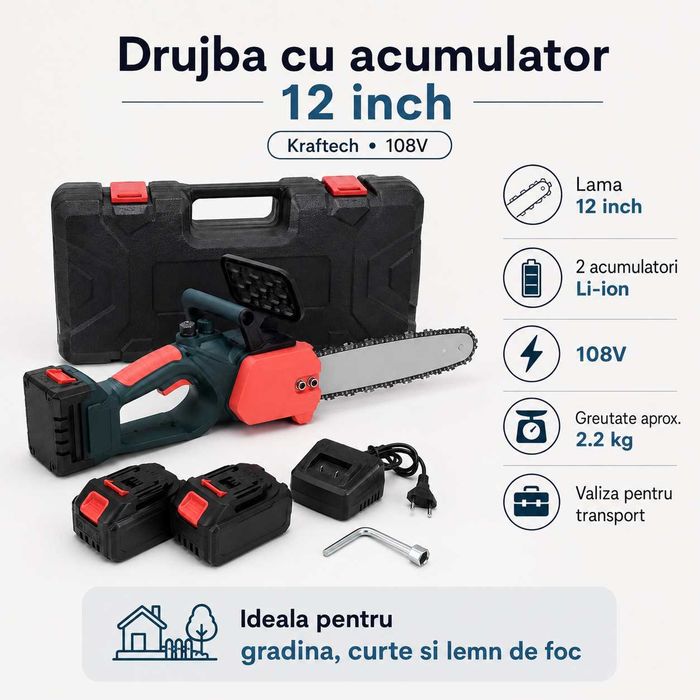 Drujba cu acumulator Kraftech 12 inch 108V 2 baterii