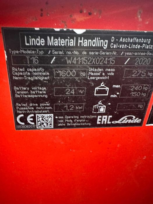 Transpalet liza Electrica Linde T16 an 2020