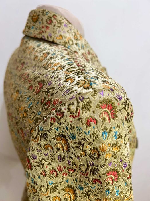 Жакет бежевый с баской, приталенный | Жакет из жаккарда размер 44-46