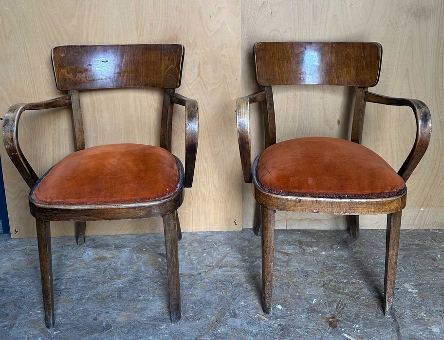 2 buc Scaun Vintage Stil Thonet cu brate si sezut tapitat; Scaun din lemn masiv; Fotoliu