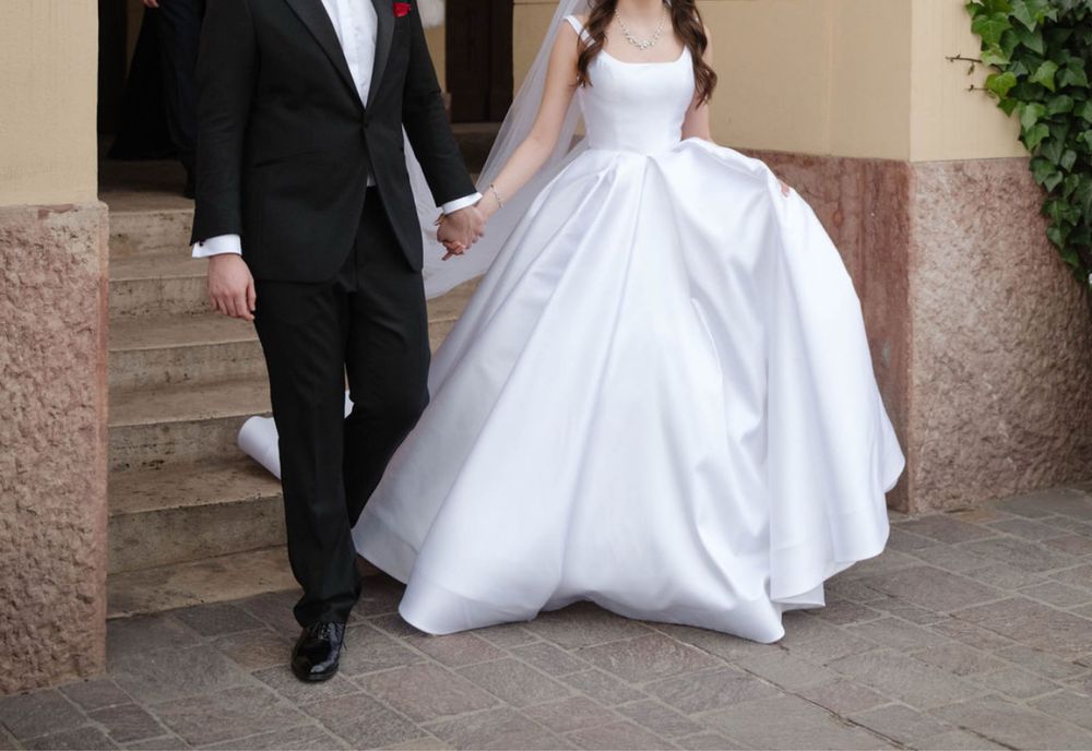 Rochie mireasă 36 taftă Mikado cu trenă (alb pur)