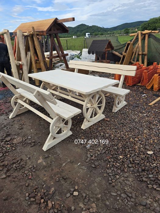Set masă cu băncute si scaune rustic  din lemn  balansoar leagan