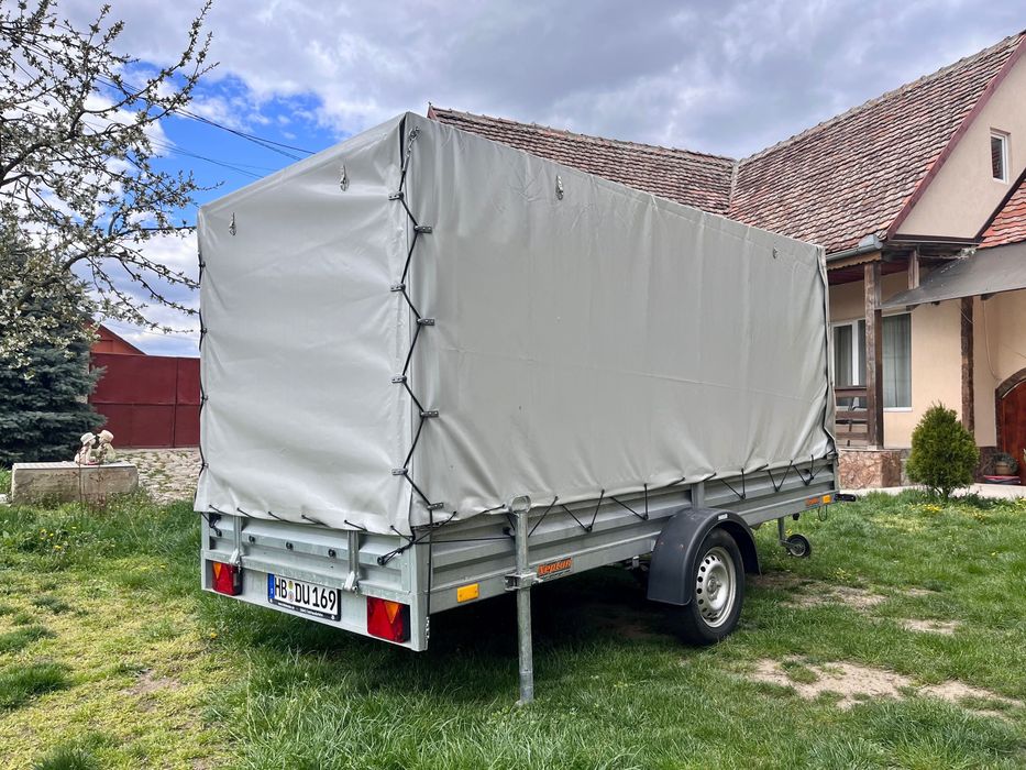 Remorcă Neptun N7-350 CT basculabilă, 750kg, prelată înaltă laterală + troliu