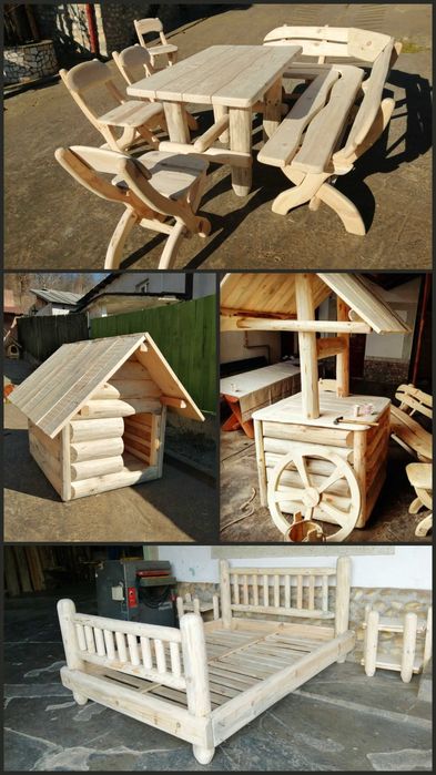 Rustice lemn masiv - Set Masa, Scaun, Banca, Fantana, Crama, Balansoar