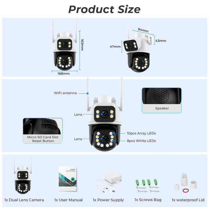 iCsee 12MP- двойна smart камера, външна WiFi- влагоустойчива, 2 модела