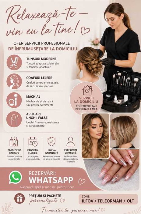 Frumusețe la tine acasă — tuns, coafat lejer, makeup, unghii false