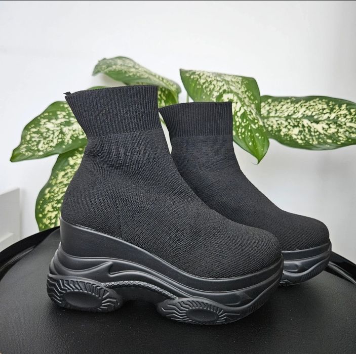 Sneakers Wedge, cu Platforma, Negru, talpa inalta, Toamna, Dama  37