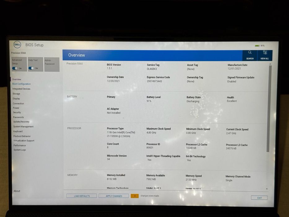 Dell Precision 5560 i7-11850H , nVidia RTX A2000 , i7 gen 11