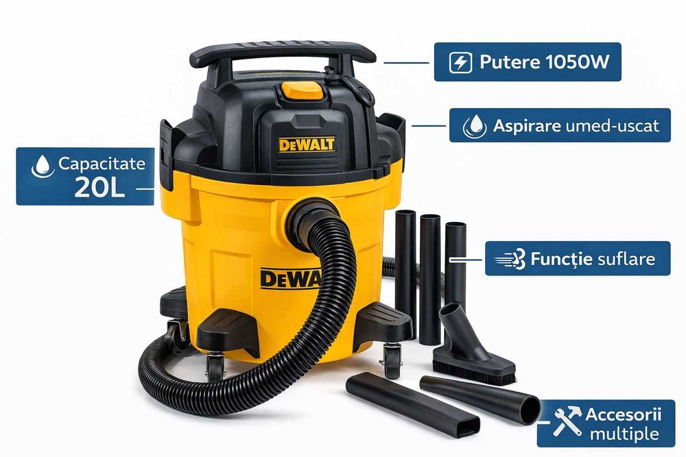 Aspirator Industrial DeWALT 20L 1050W Umed Uscat Functie Suflare