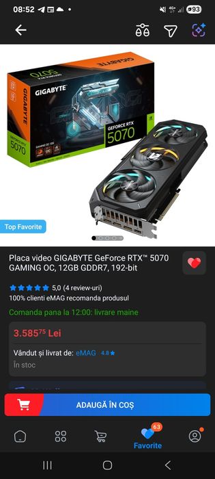 Placa video GIGABYTE RTX 5070 GAMING OC, 12GB GDDR7, 192-bit