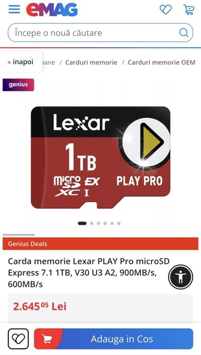 Card memorie Lexar Play Pro microSD Express 7.1 1 TB,V30 U3 A2 900MB/s