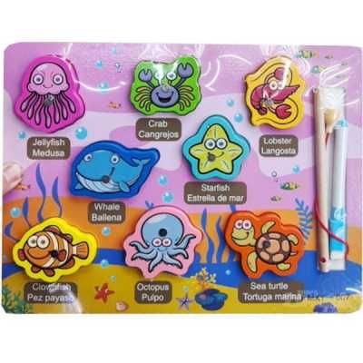 Дървена игра пъзел с въдица и въже, дървени животни, 2 модела