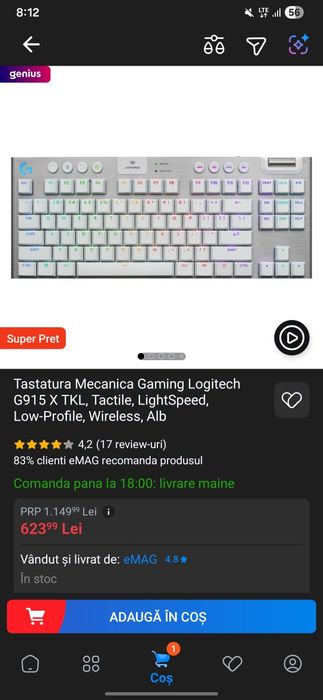 Tastatura Mecanica Gaming Logitech G915 X TKL, Tactile, LightSpeed, Low-Profile, Wireless, Alb