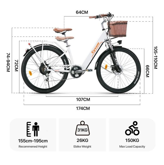 Bicicletă electrică Cysum City 26" – baterie 36V 10Ah, anvelope 26x1.95", pentru naveta urbană