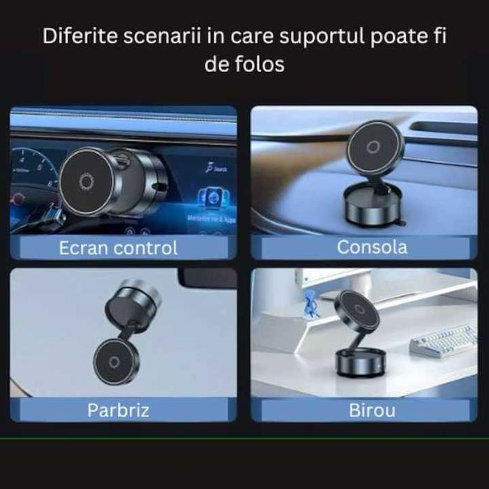 Suport Telefon Magnetic, Fixare Ultra-Stabila prin Vacuum, Rotire 360°