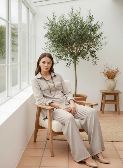 Дамски комплект риза и панталон цвят мока – елегантен сет с ластик, ръчна изработка XS/S/M