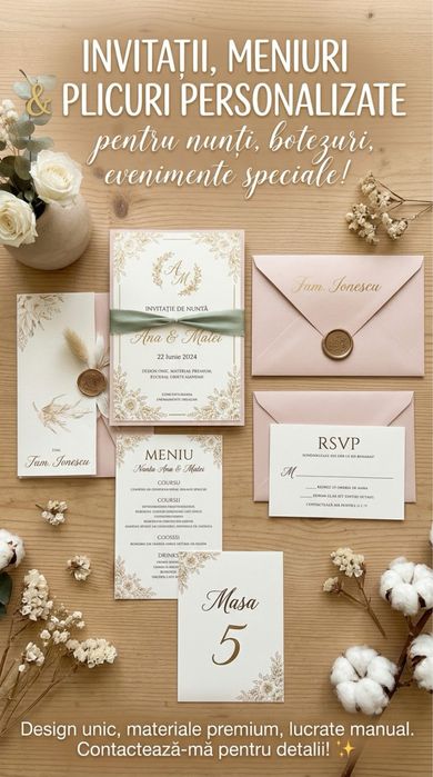 Invitatii, plicuri, meniuri nunta, botez