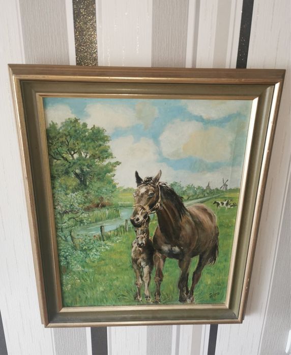 Антикварна картина летен пейзаж коне кобила жребче маслени бои платно