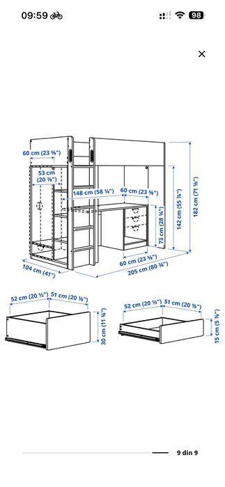 Pat supraetajat Smastad Ikea cu birou, dulap si sertare
