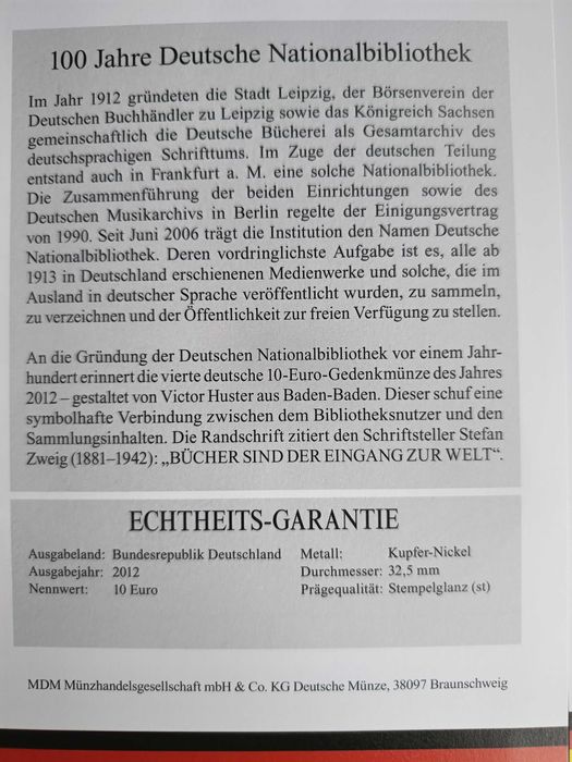 2 юбилейни 10-еврови монети от Германия в монетник + сертификат