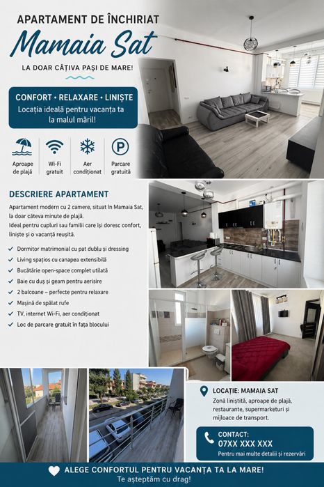 Apartament modern de închiriat – Mamaia Sat | La câțiva pași de plajă