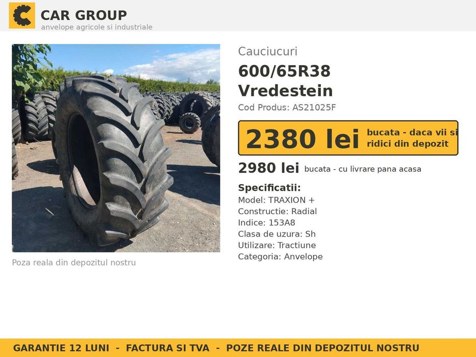 Anvelope Cauciucuri 600/65R38 600/65 R38 600 65 R38 6006538 Vredestein Tractor Punte Spate Tractiune SH Second Hand VERIFICATA Garantie 1 An Stoc Real
