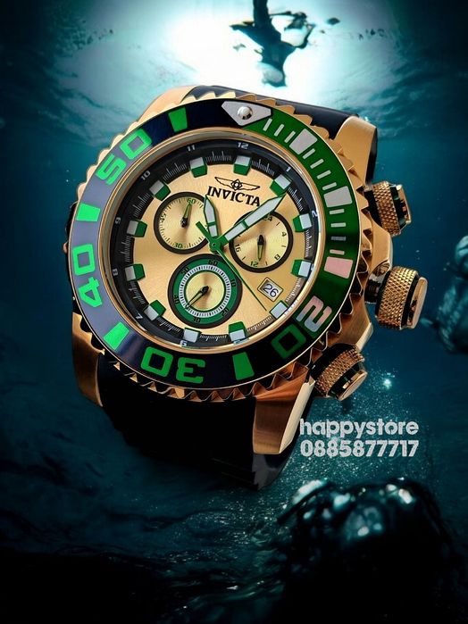 INVICTA Seahorse Green/Gold 52 mm, Инвикта нов ръчен часовник