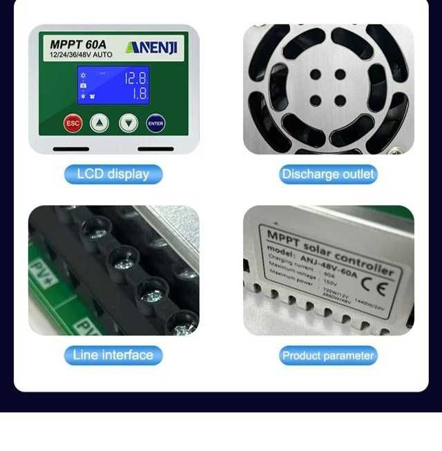 Controler solar Anenji 60A sisteme fotovoltaice 12V 24V 36V 48V