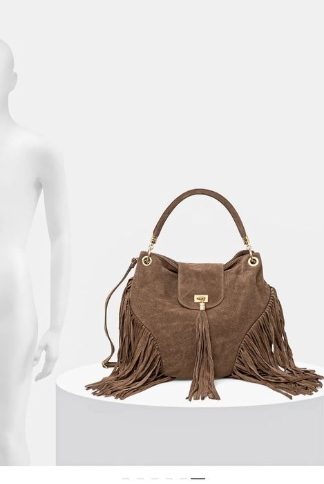 Голяма кожена чанта торба естествен велур кафява camel ресни дръжки