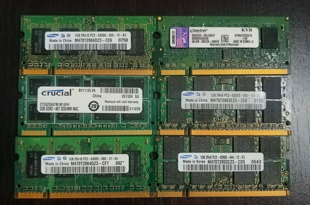 Lot 6 plăcuțe Memorie RAM Laptop (SO-DIMM DDR2) – (Samsung, Crucial, Kingston