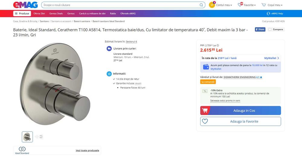 Baterie cada-dus Ideal Standard Ceratherm T100, REDUS de la 2600RON