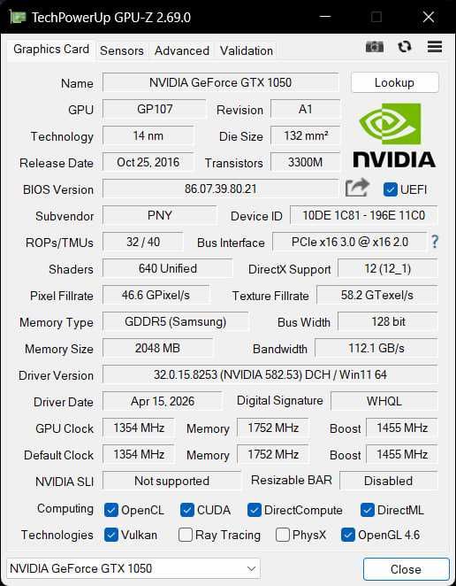 PNY NVIDIA GeForce GTX 1050, 2 Gb