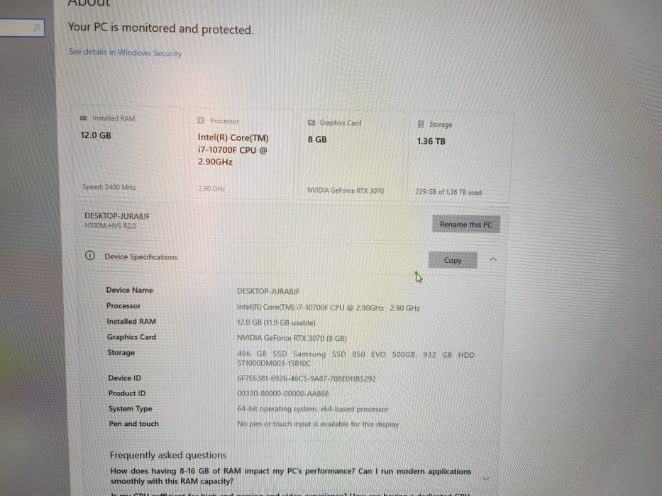 Vand unitatea PC gaming: RTX 3070 8GB | i7-10700F | SSD SAMSUNG 500GB