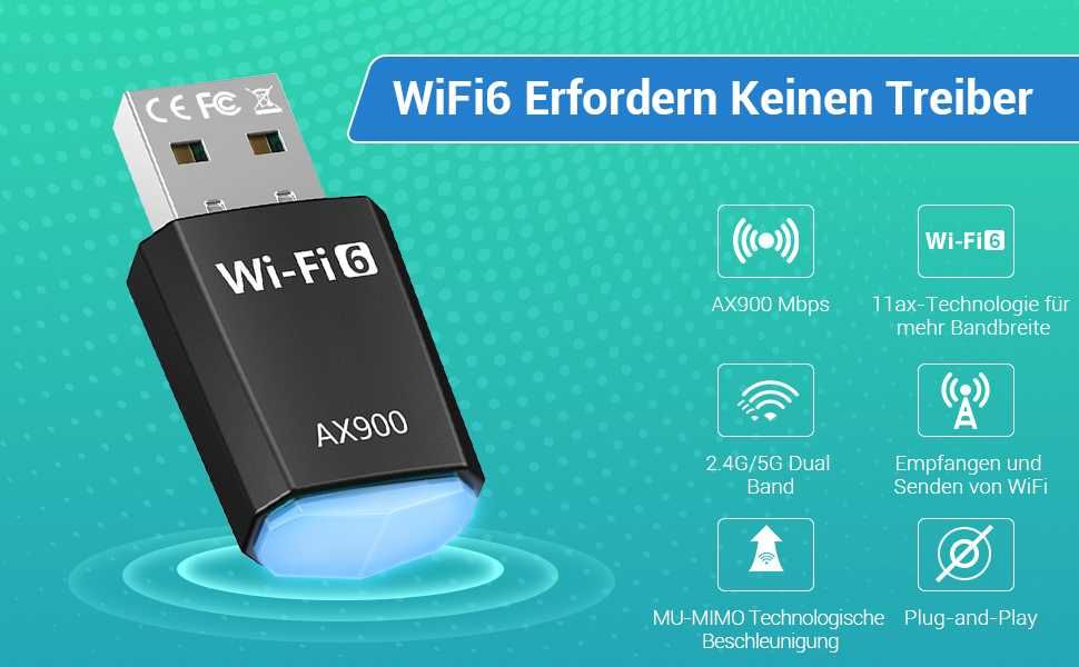 AX900 USB WLAN адаптер за компютър - двубандов 2.4GHz/5GHz с драйвер