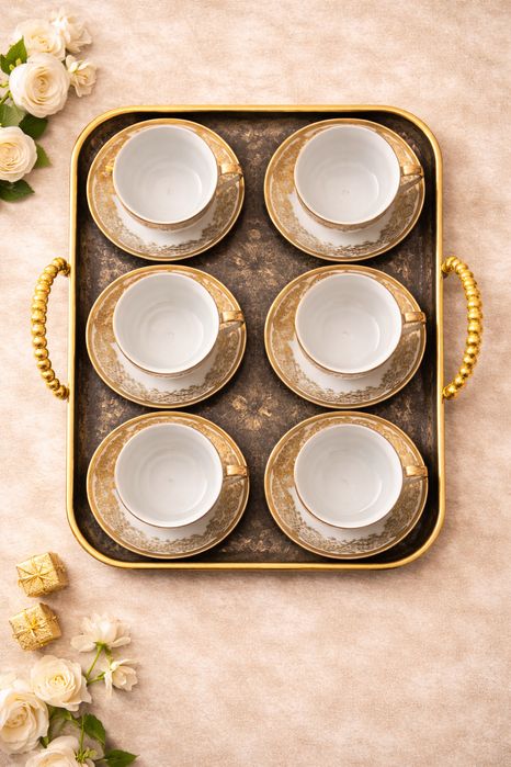 Set cesti cafea ceramica cu farfurioare, 12 piese, alb cu auriu, pentru 6 persoane, model elegant, ideal cadou