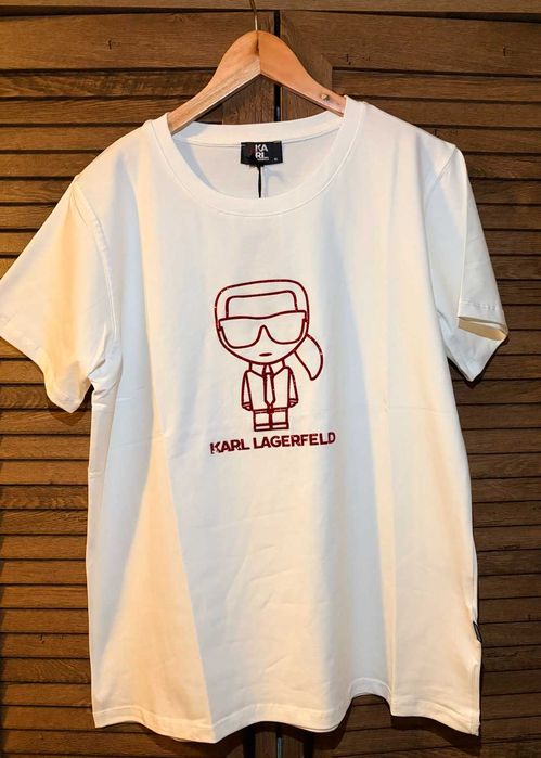 Tricou damă alb, XL, model Karl Lagerfeld, nou, primit cadou,cu strasuri roșii și albe