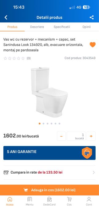 Vas wc cu rezervor + mecanism + capac, set Sanindusa Look 134920, alb, evacuare orizontala, montaj pe pardoseala