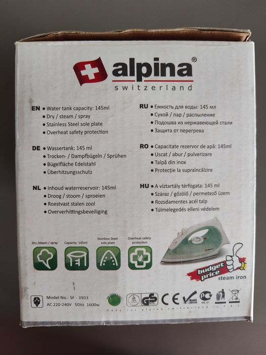 Fier de călcat Alpina 1600W cu talpă din inox.