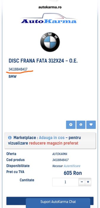 Vănd disc frana ventilat BMW punte fata - stanga sau dreapta, Ø312mm Cod OE 34118848417