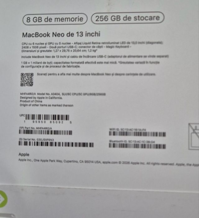 Laptop Macbook Neo 256 gn Nou , Sigilat , Garantie 1 an