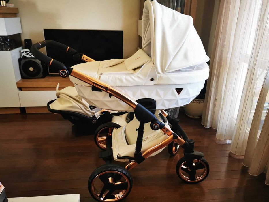 Бебешка количка Junama FLUO 3 in 1, (розова златна рамка)