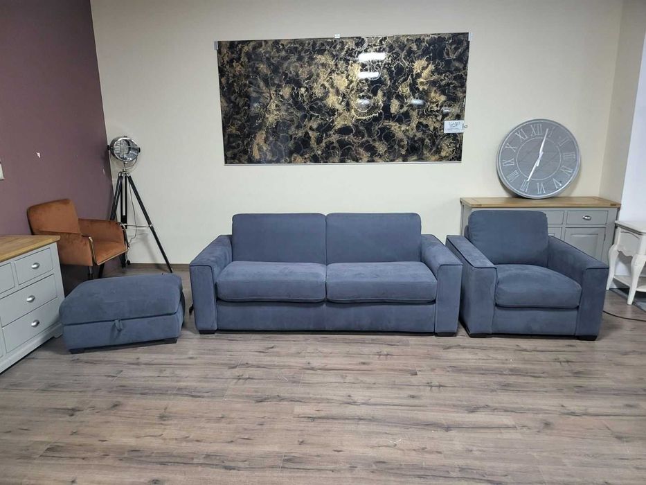 Сив комплект от плат диван тройка с функция сън, фотьойл и табуретка